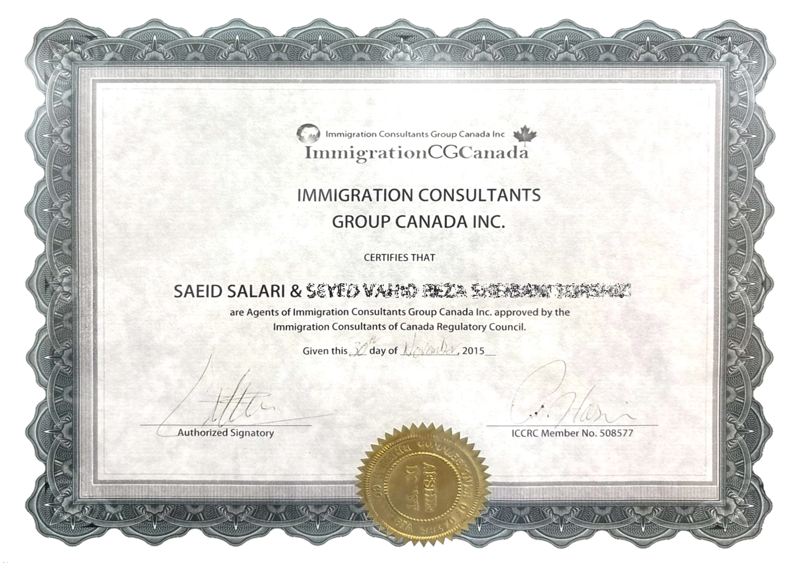 نمایندگی رسمی شرکت مهاجرتی ICGC (immigration CGCanada) از دو وکیل عضو ICCRC به شما عضویت 508577 در سال 2015